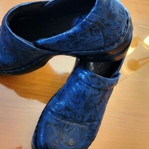 b.o.c. Blue Embossed Leather Clogs, 8
